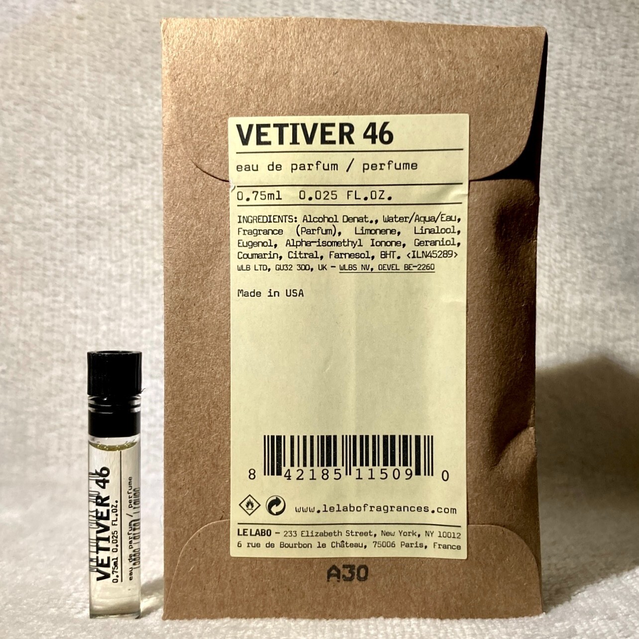 Le Labo Vetiver 46 Eau de Parfum EDP Sample Vial .025oz, .75mL New