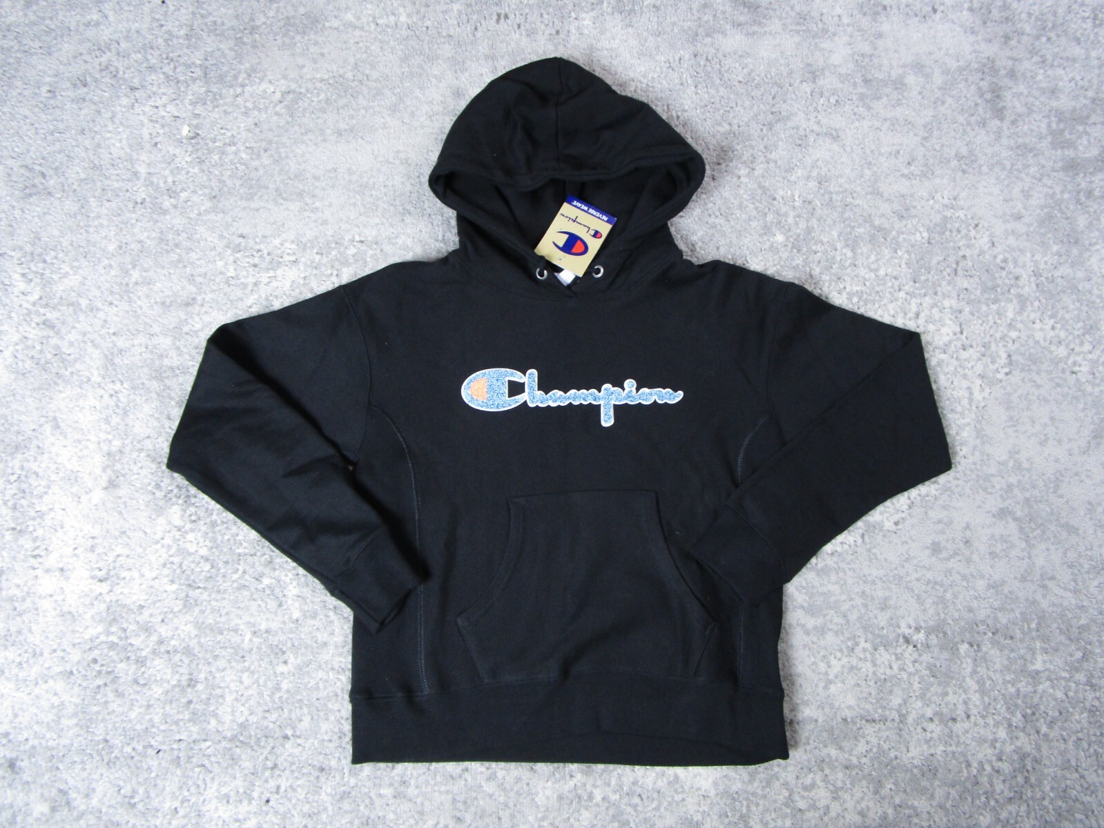 Champion Hoodie Adult XS Reverse Weave Black Chenille Logo Long