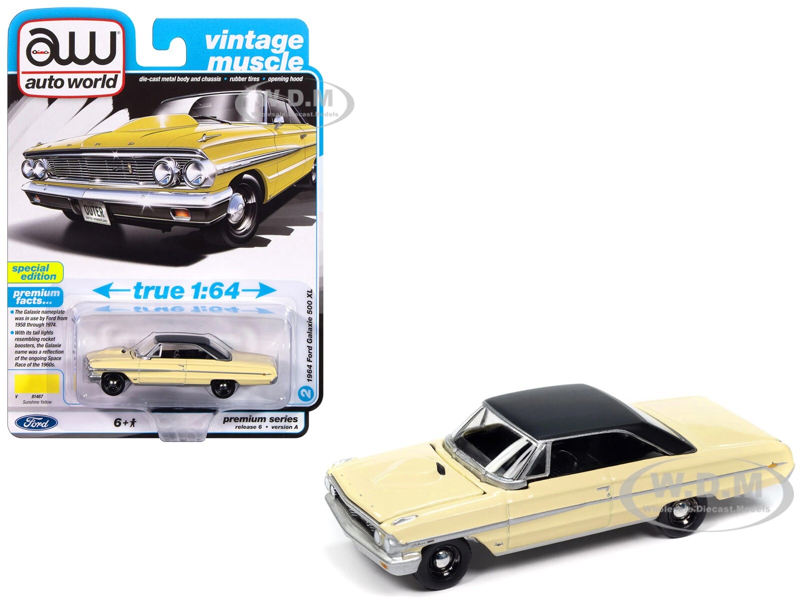 1964 FORD GALAXIE 500 XL SUNSHINE YELLOW 1/64 CAR BY AUTO WORLD