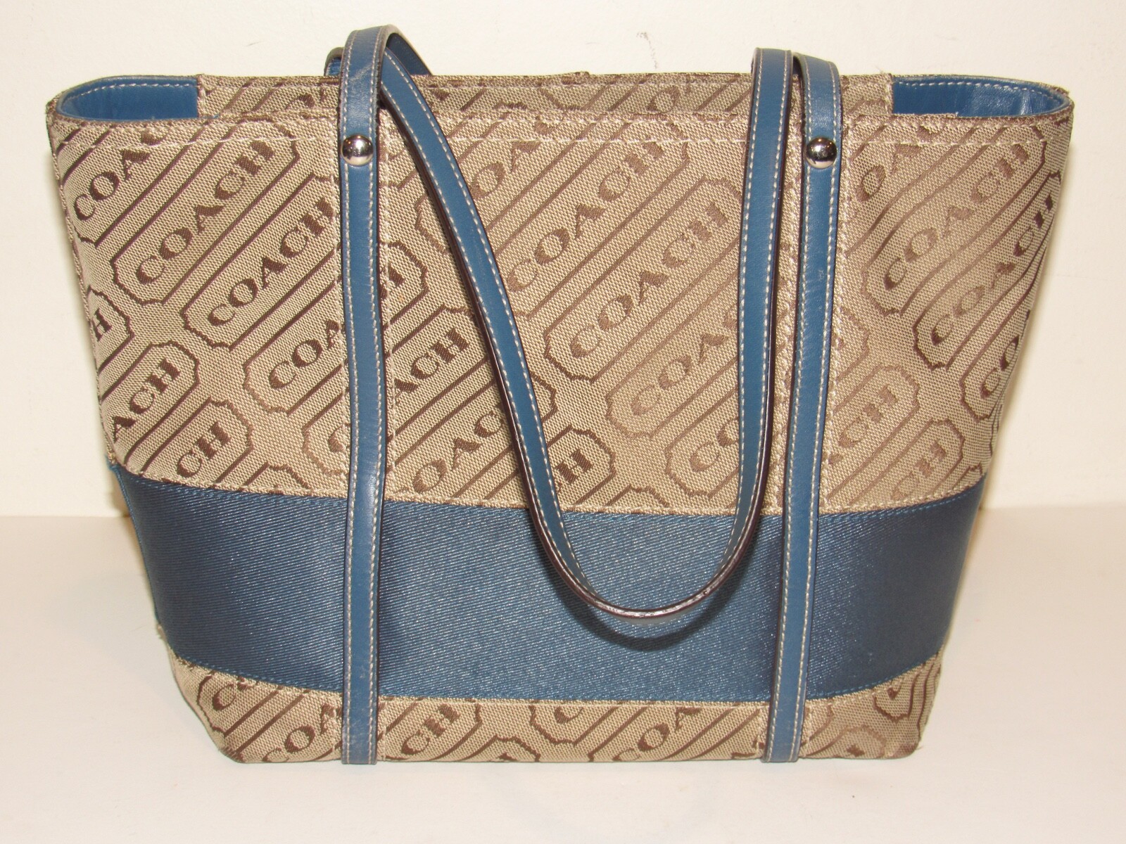 Coach Blue Bucket Bag Shoulder Tote Signature Lozenge Brown