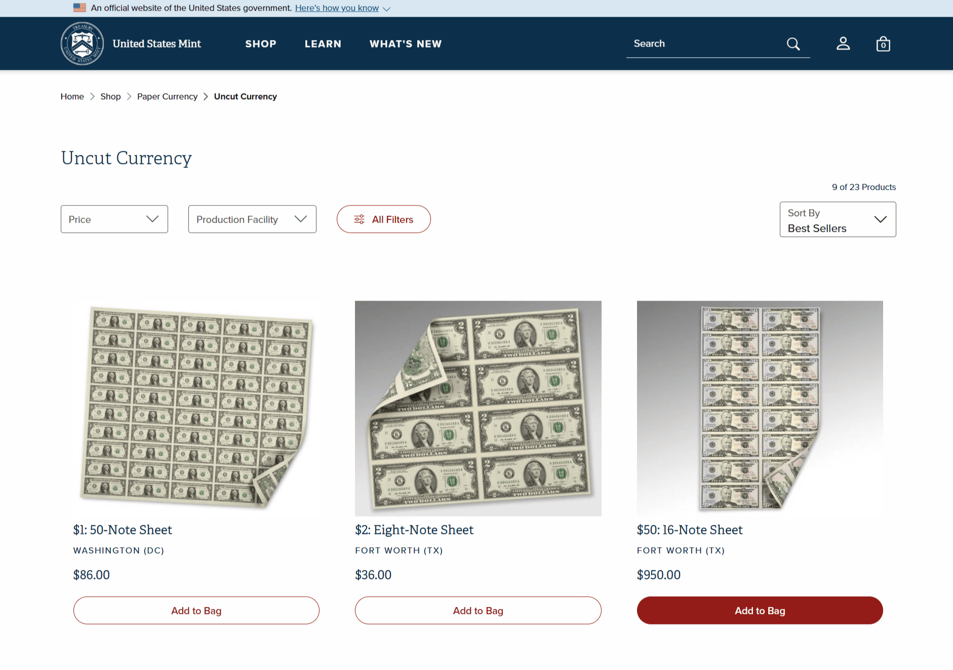 アメリカのドル紙幣は裁断前のつながった1枚シートの状態でも公式に売