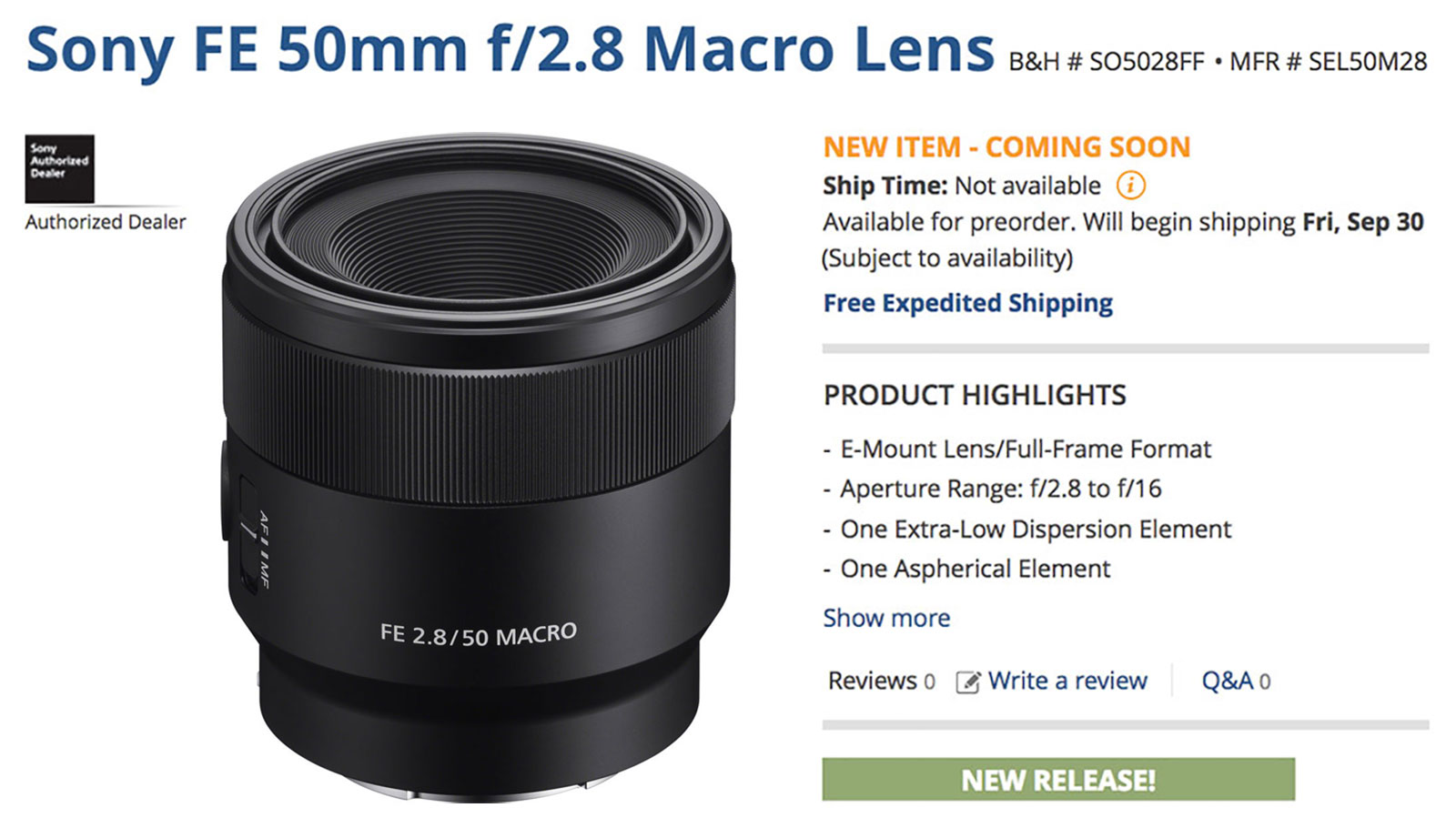 Sony FE 50mm F2.8 Macro Lens Available for Pre-Order