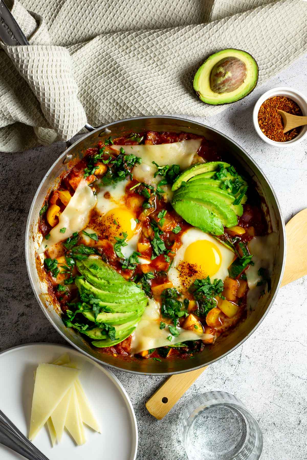 Easy Shakshuka and Poached Eggs - Plated Focus