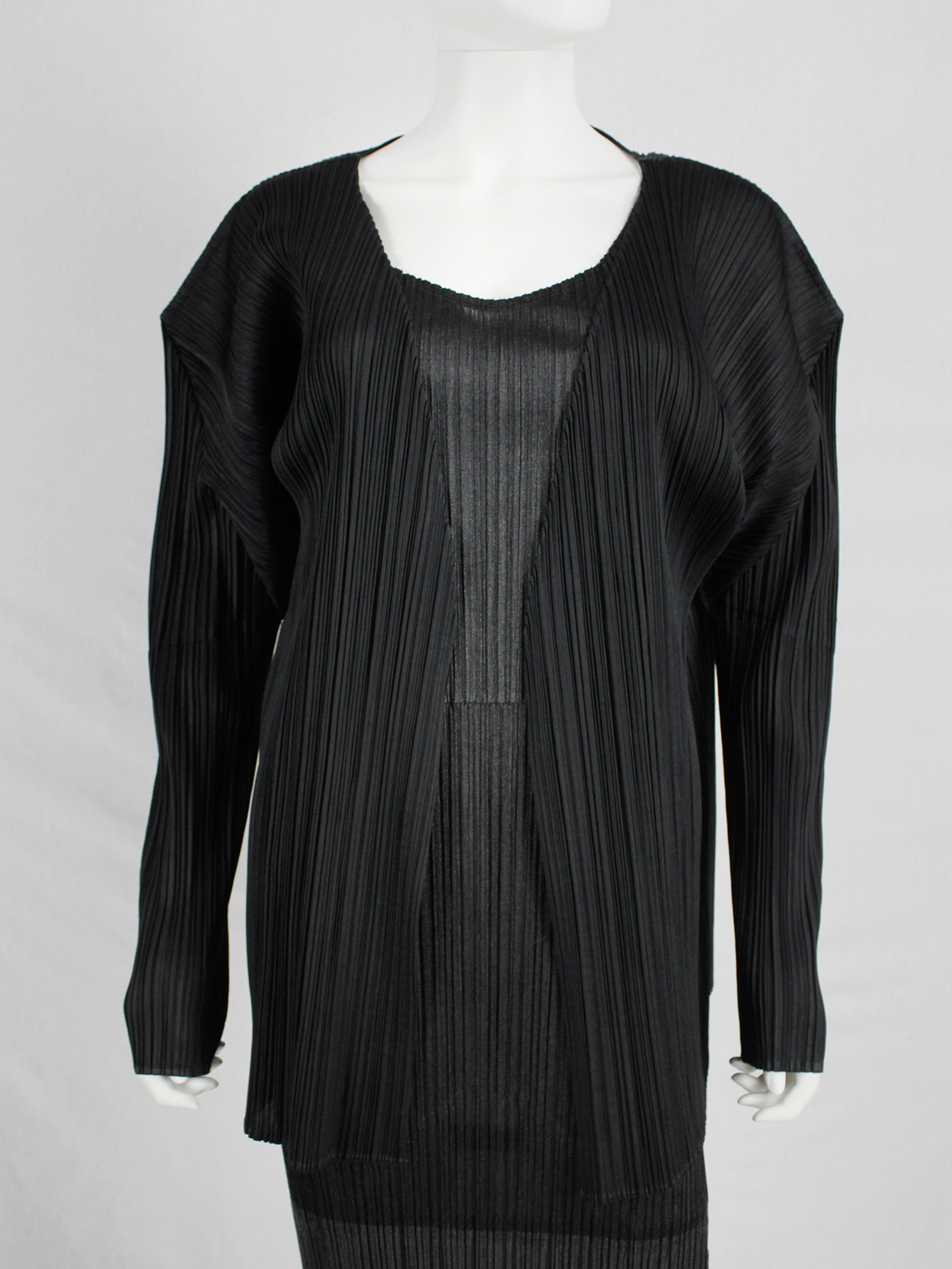Issey Miyake Pleats Please black cardigan with squared shoulders