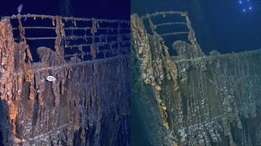 タイタニック号、海底で劣化進む 有名な「船首の手すり」が落下 - BBC