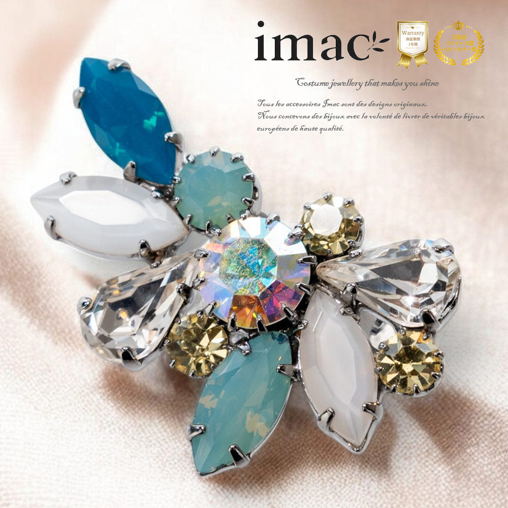 ブローチ ラインストーン ボヘミアングラス ブルー グリーン ホワイト