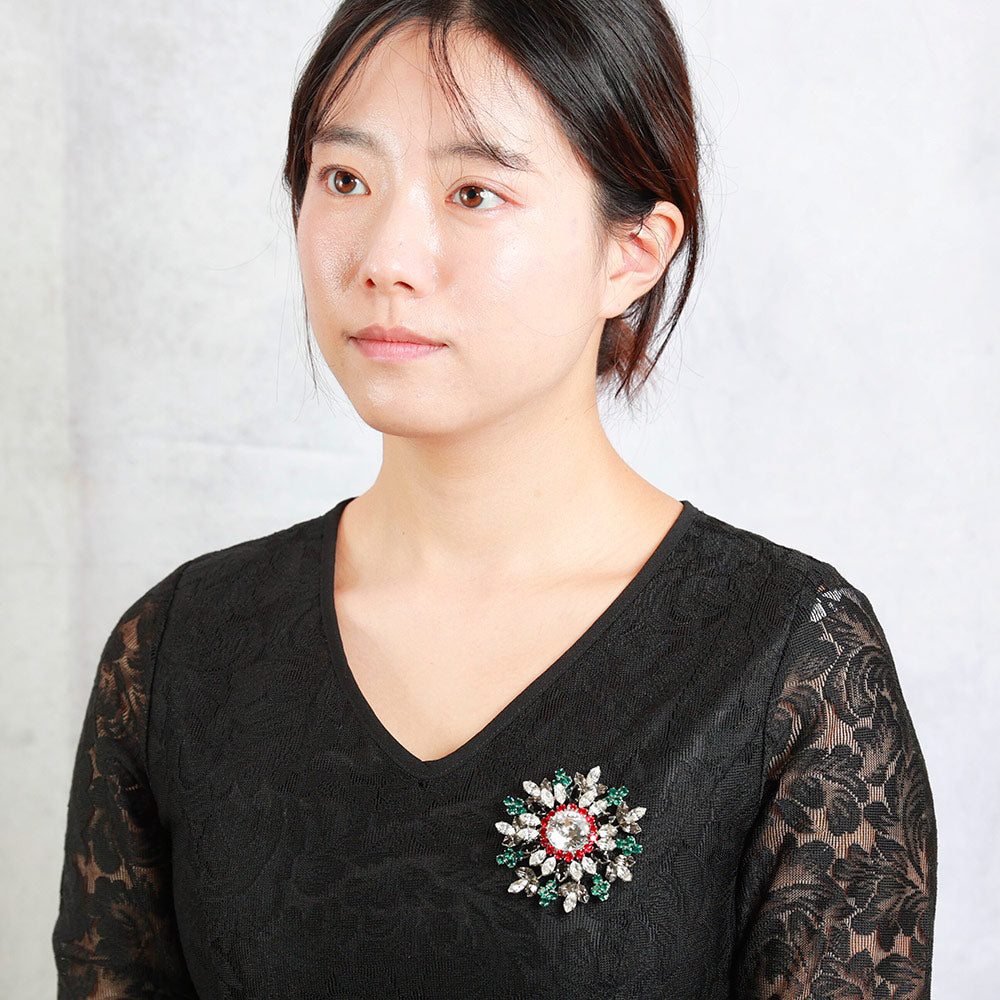 ブローチ ラインストーン レッド グリーン クリアカラー 124370