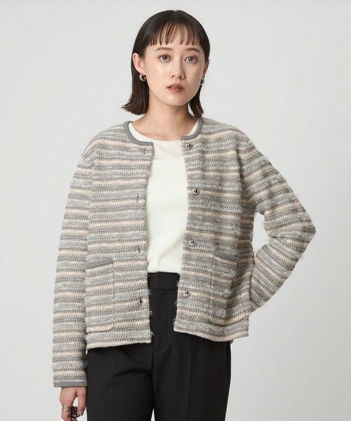 セール】 ミックスツイードライク ノーカラー ニット カーディガン