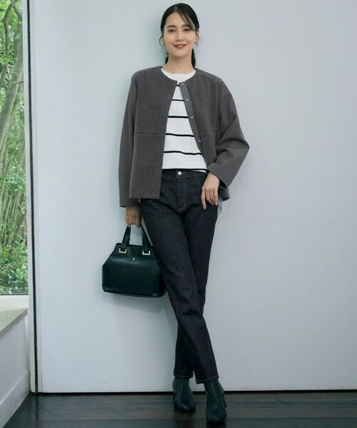 洗える】ボアコンビ アウター （ノーカラージャケット）｜自由区