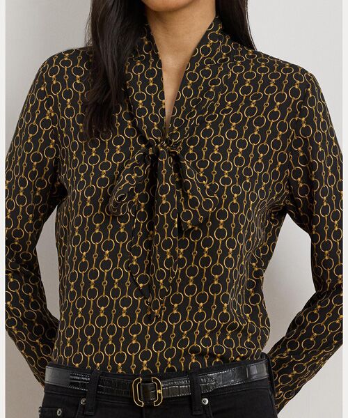 セール】 チェーンプリント クレープ タイネック ブラウス （シャツ