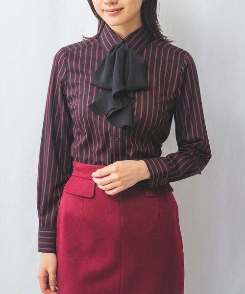 セール】 【NARACAMICIE】ダークストライプフリルボウタイ付き長袖