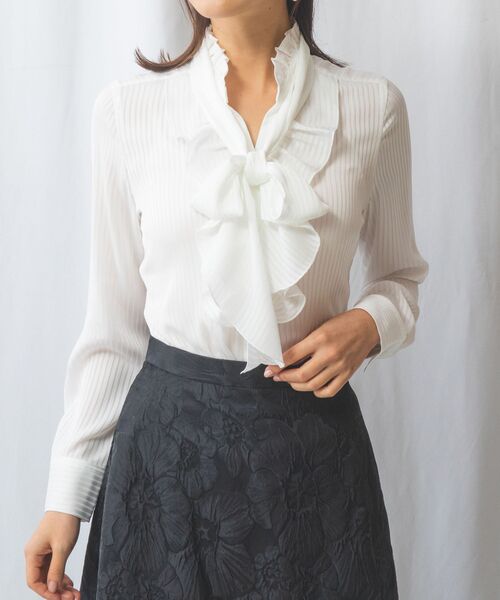 NARACAMICIE】シャドウストライプフリル長袖ボウタイブラウス （シャツ