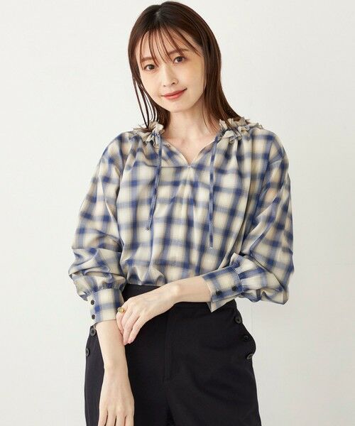 セール】 SHIPS Colors:〈手洗い可能〉オンブレチェック フリルネック