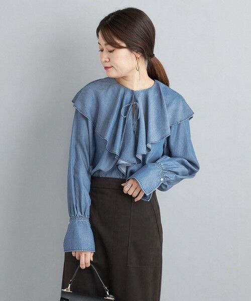 セール】 〈手洗い可能〉デニムフリルブラウス◇ （シャツ・ブラウス