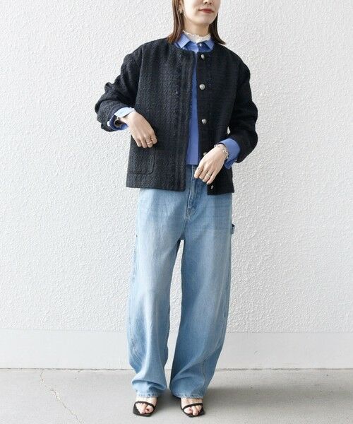 セール】 SHIPS any:ノーカラー ツイード ジャケット［NAVY BLUE