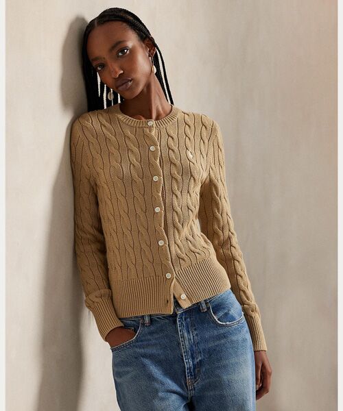 ケーブルニット コットン クルーネック カーディガン （カーディガン