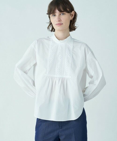 セール】 ホワイトコンビネーション スタンドネックブラウス （シャツ