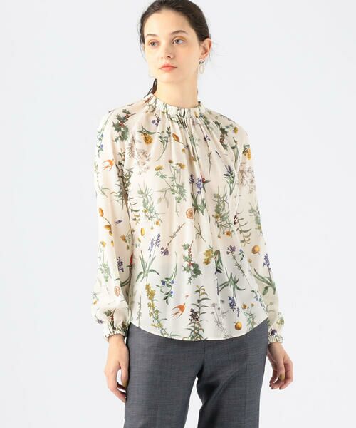 セール】 スワローガーデンプリント ネックギャザーブラウス （シャツ