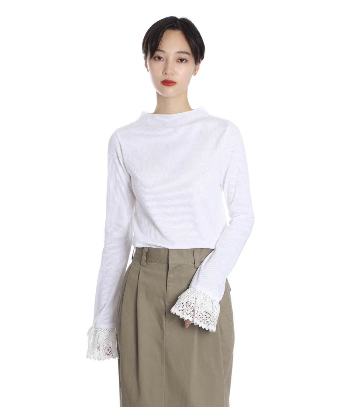 レディース】Ribbed Lace Cuff Pullover Tee | RhodolirioN