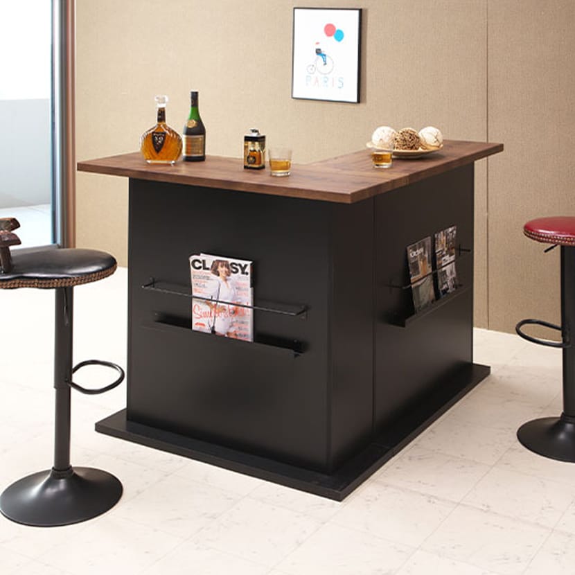 送料無料】 カウンターテーブル 書籍ラック付き 可動棚 収納 両面