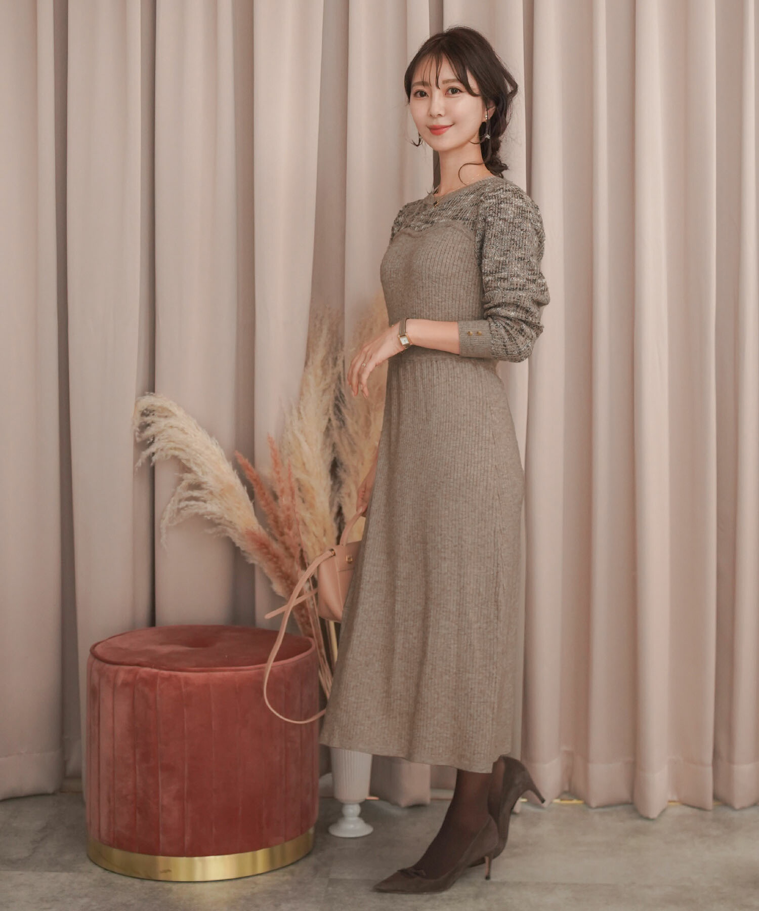 ツイード ドッキング風 ニット ワンピース le reve vaniller 全2色