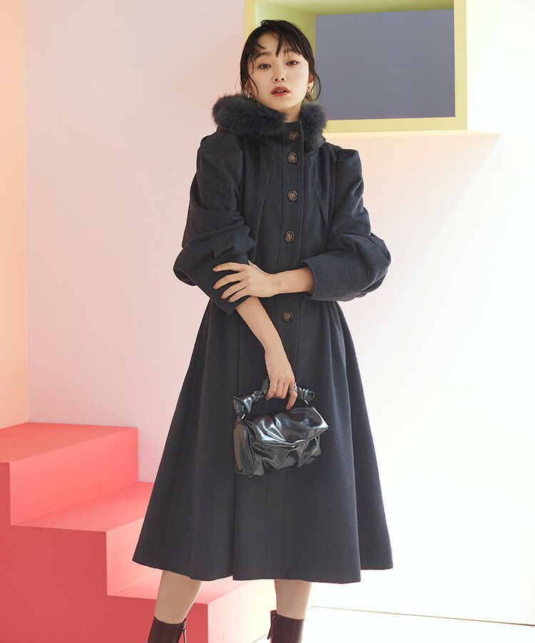 フォックスファーフーディーウールロングコート「K1162」-RUIRUE BOUTIQUE