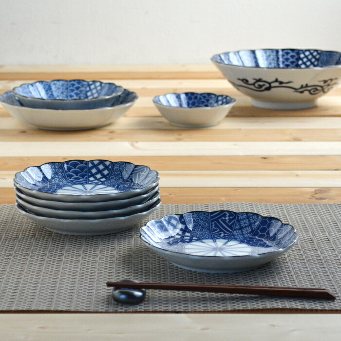 古染面取り祥瑞仙人文 銘々皿揃 古染面取り祥瑞仙人文 銘々皿揃