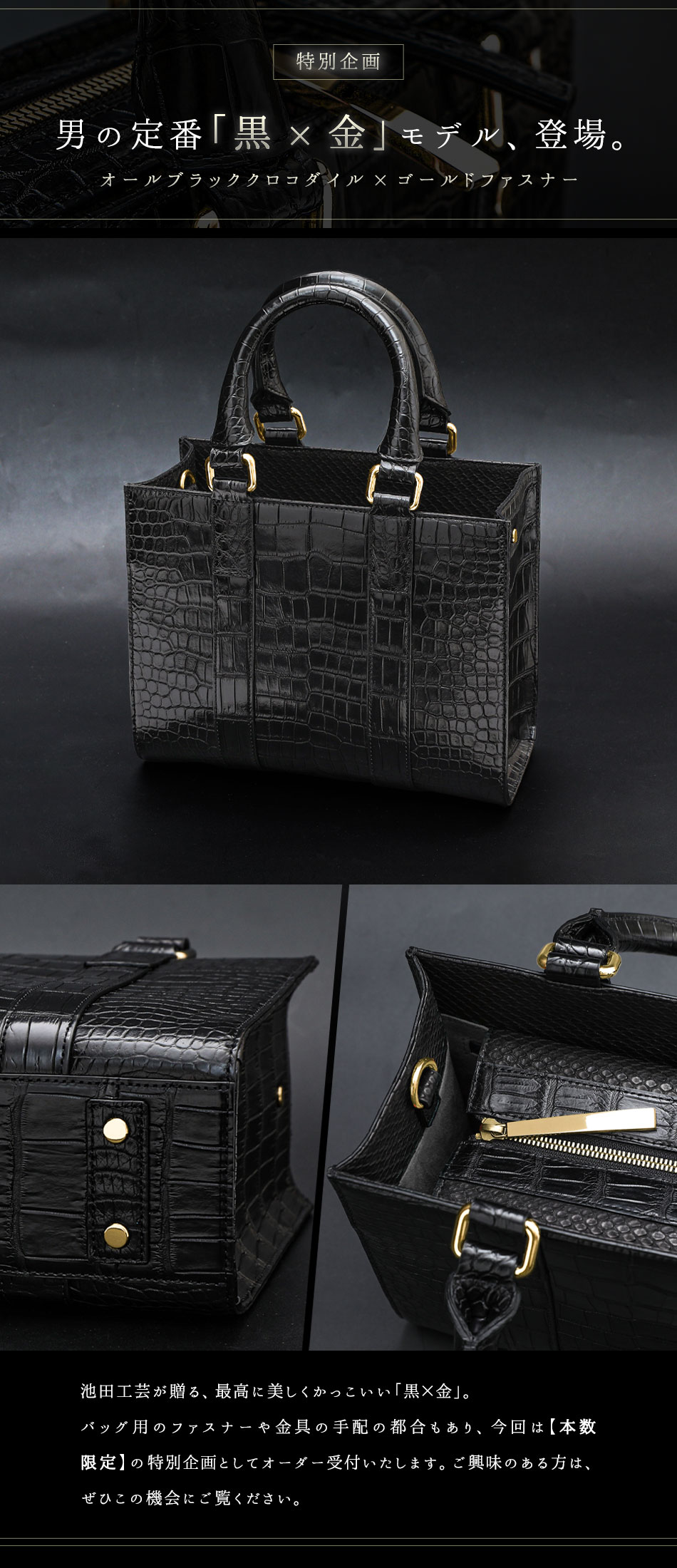 池田工芸】「ファーストクラスの重厚感。」クロコダイル丸3頭で