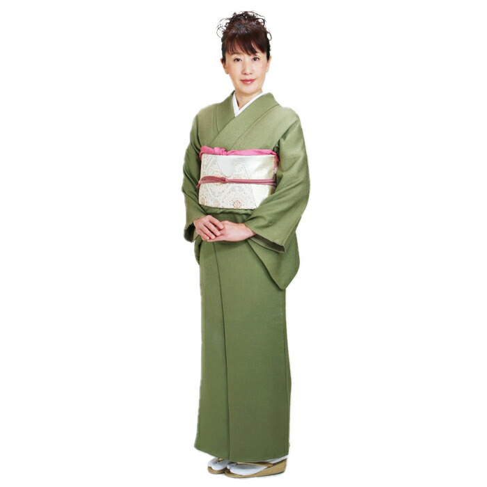 色無地 レンタル 袷 10月～5月向け 高級正絹 モスグリーン色 着物 一つ