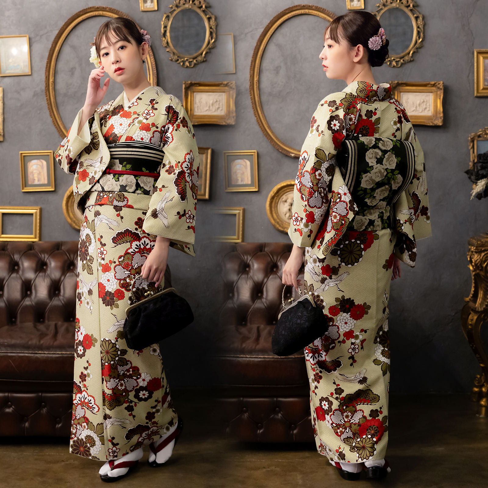 02鶴と花紋に紗綾形 鳥の子色：KIMONOMACHI オリジナル 着物と帯の2点