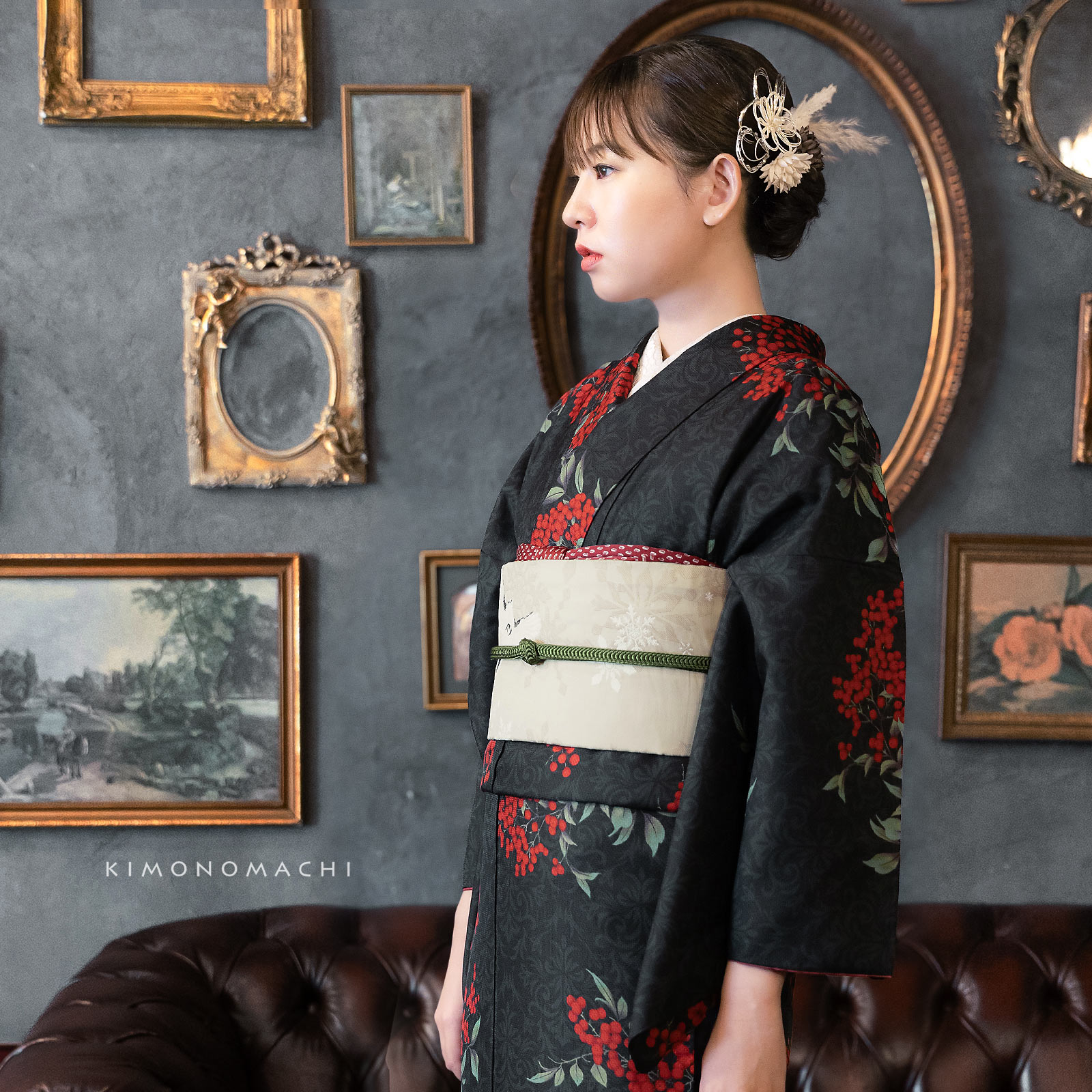 02アラベスクに南天 黒色：KIMONOMACHI オリジナル 袷着物＋京袋帯＋