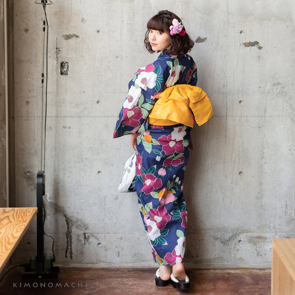浴衣 レディース 単品 「椿 紺」 S F TL LL サイズ KIMONOMACHI 京都