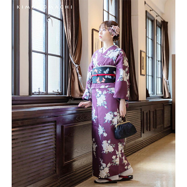 洗える着物 セット「袷着物：ストライプブーケ プラム＋京袋帯：黒 郡