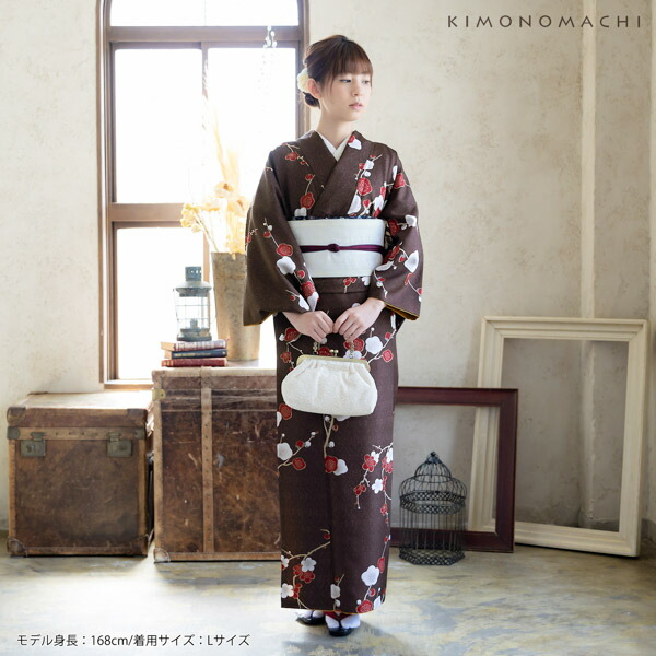 洗える着物 セット「袷着物：梅が枝 焦茶色＋京袋帯：献上鳥更紗