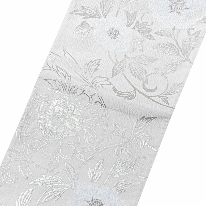 振袖 袋帯 単品「白地、白×銀 牡丹唐草」六通柄 日本製 お仕立て上がり