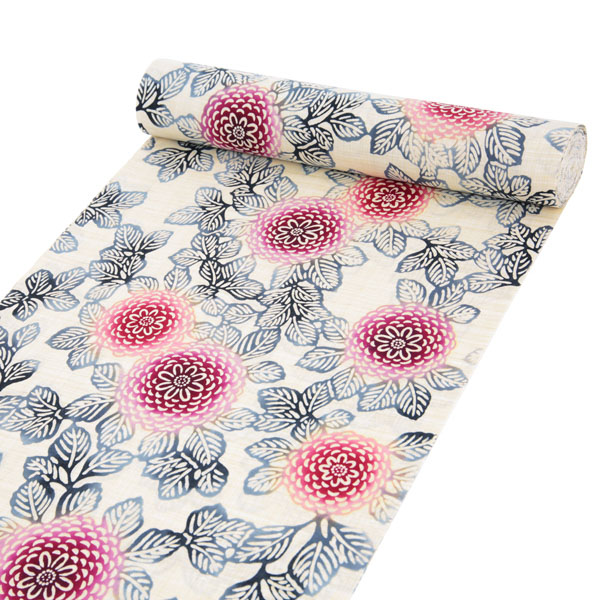 Prices down2】浴衣反物 三勝 「生成り色地 ダリア、赤」 注染 未