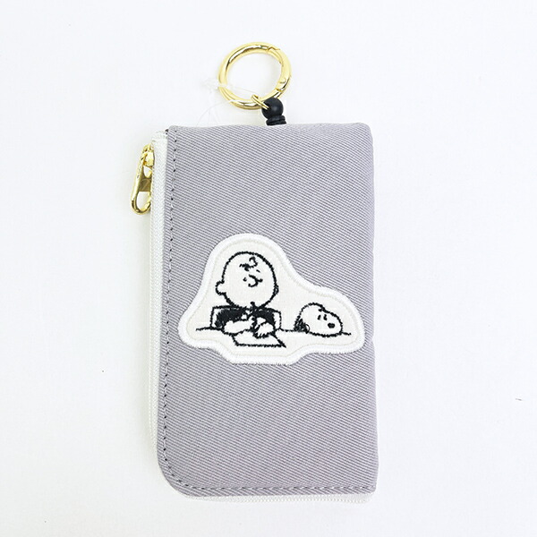 スヌーピー キーパスポーチ グレー アップリケ 定期入れ キーケース SNOOPY