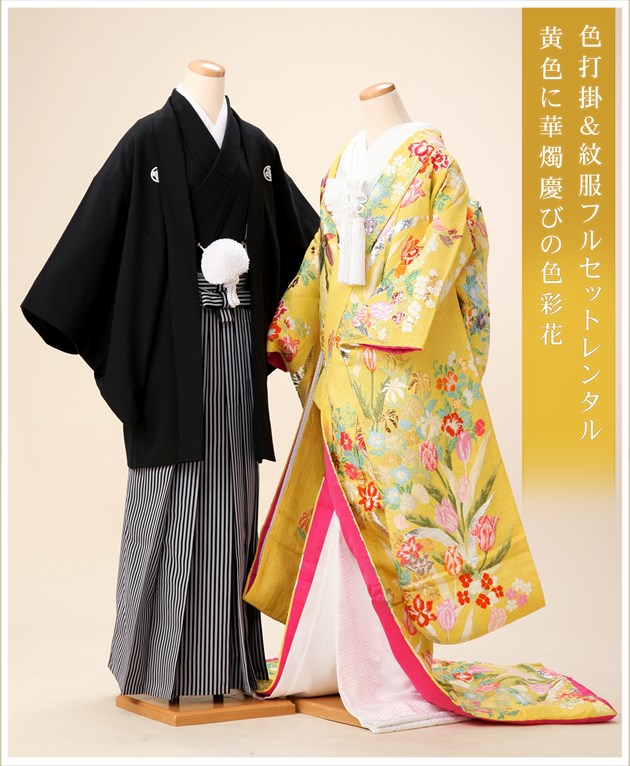 楽天市場】色打掛けレンタル〔打ち掛け〕新郎紋付セット iu021「黄色に