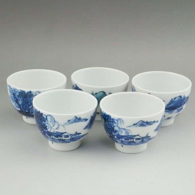 染付山水煎茶碗揃え 昭阿弥 - 京焼清水焼 松韻堂