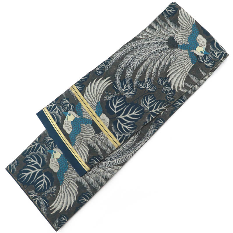 中古】 丸帯 正絹 アンティーク帯 着用不可 青緑 長さ390cm 幅32.5cm