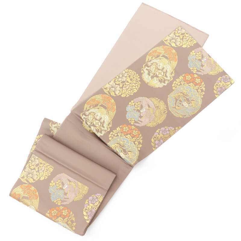 中古】 袋帯 正絹 草木染 六通柄 飛天 薄紫 丸文 鳳凰 龍 長さ439cm 幅