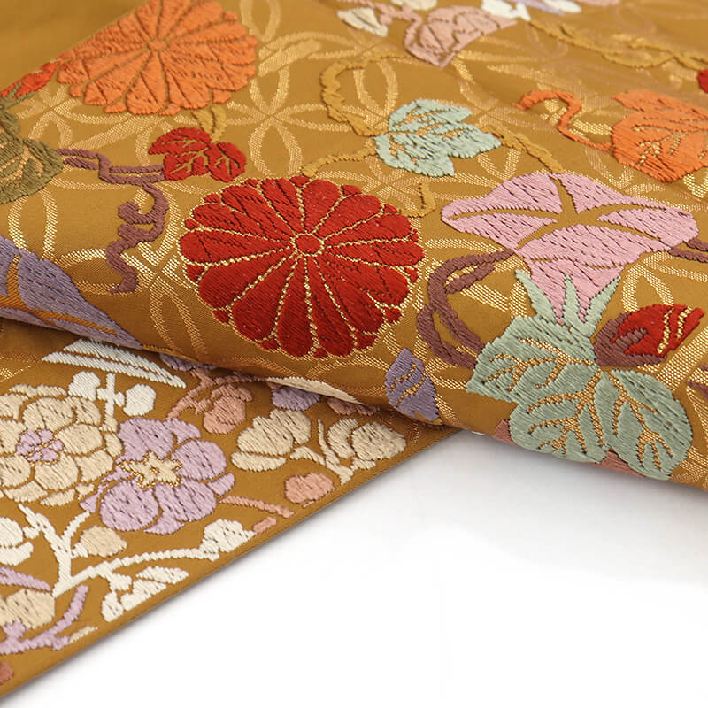 中古】 袋帯 礼装用 正絹 六通柄 金茶 朝顔 菊 桐 唐織 豪華 長さ428cm