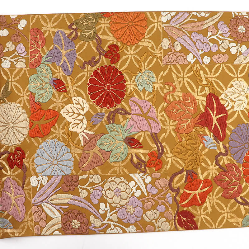 中古】 袋帯 礼装用 正絹 六通柄 金茶 朝顔 菊 桐 唐織 豪華 長さ428cm