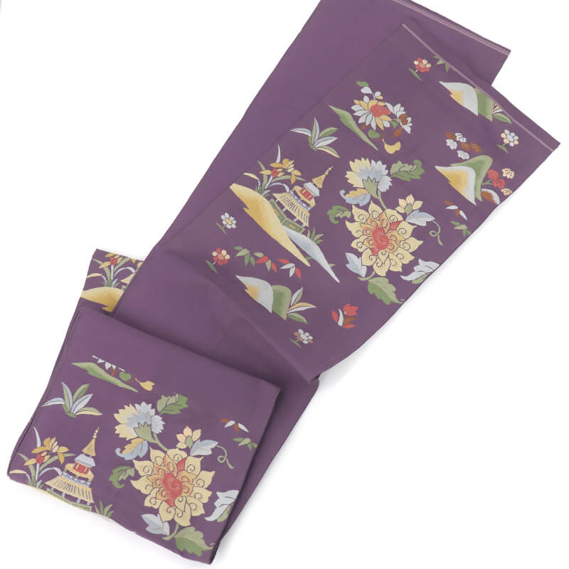 中古】 袋帯 正絹 六通柄 紫 楼閣 風景柄 長さ433cm 幅30.5cm