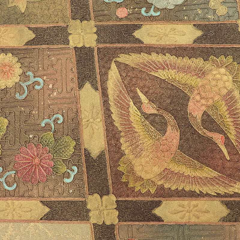 中古】 袋帯 フォーマル 正絹 お太鼓柄 金 向い鶴 格天井文 長さ439cm