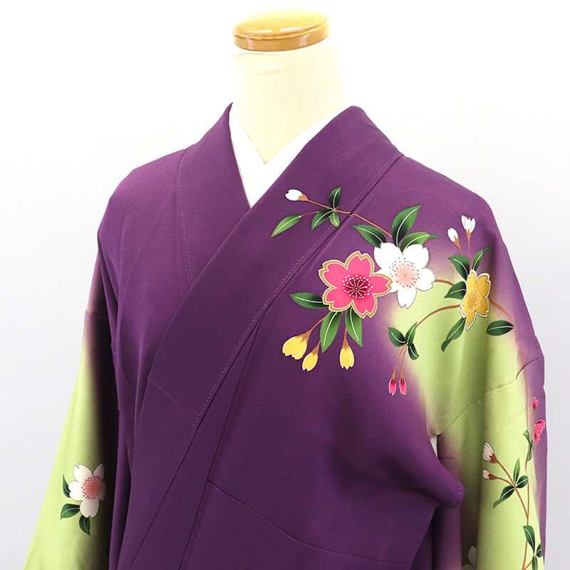 中古】 振袖 長襦袢付き 2点セット 成人式 振り袖 正絹 紫 藤 簾 地紙