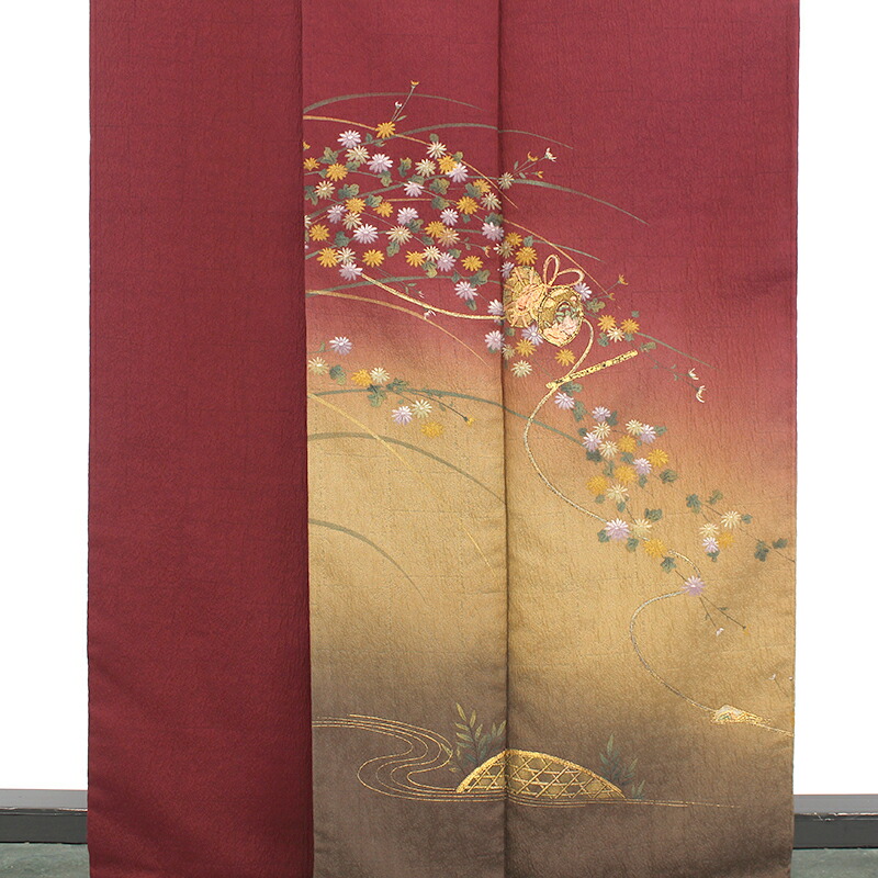 中古】 付下げ 付け下げ 附下 レディース 正絹 ワインレッド 長襦袢