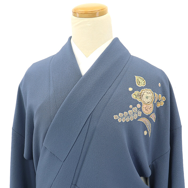 中古】 付下げ 付け下げ 附下 レディース 正絹 灰青 部分絞り 辻が花