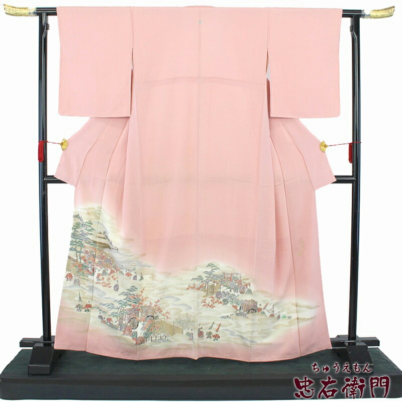 中古】 色留袖 1ツ紋 レディース 正絹 ピンク 御殿模様之図 風景柄