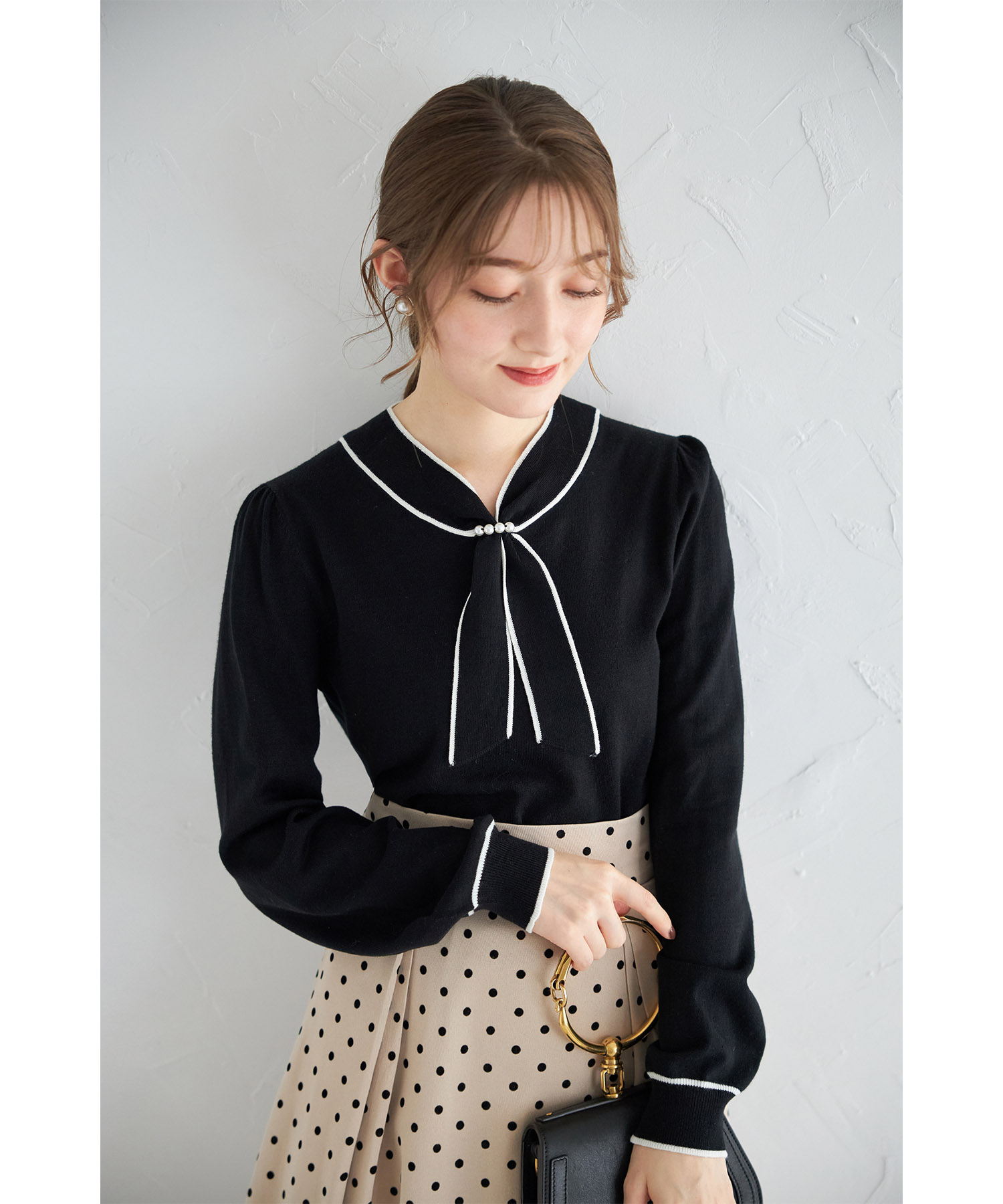 パール付き配色ボウタイニットプルオーバー